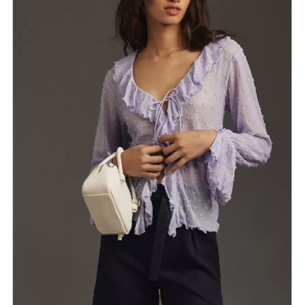 Anthropologie Ruffle Clip Dot Blouse Womens Small Lavender Sheer Tie Front Top